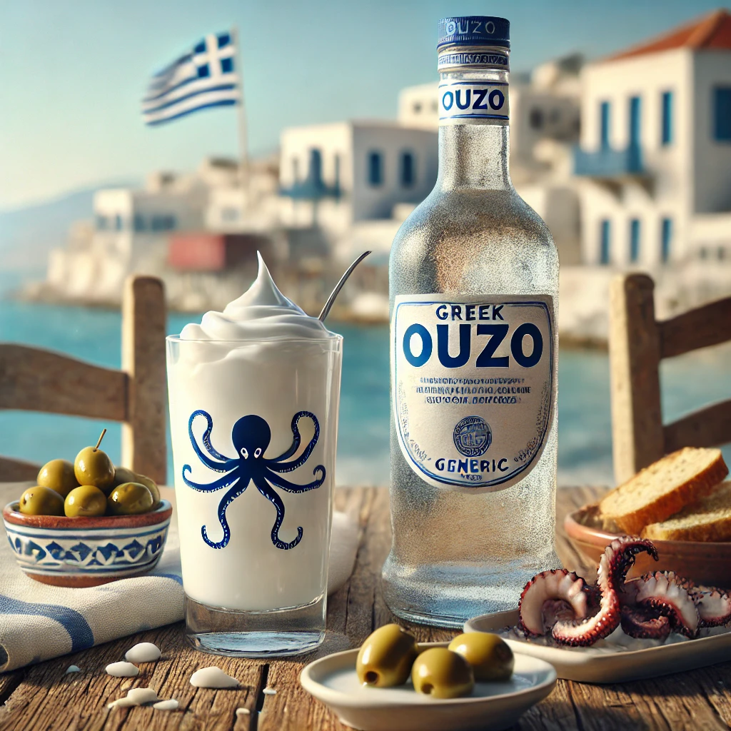 Ouzo Varvayannis mit traditionellen Mezedes auf griechischem Holztisch
