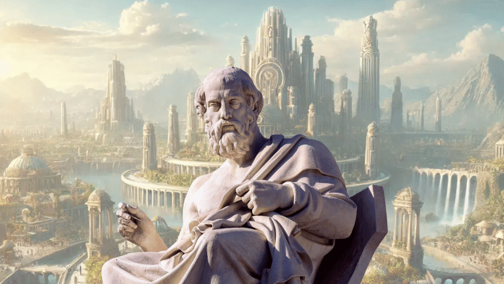 Santorini-Atlantis - Der griechische Philosoph Platon vor einer Darstellung der mythischen Stadt Atlantis, was die Verbindung zwischen Santorini und dem Atlantis Mythos symbolisiert.