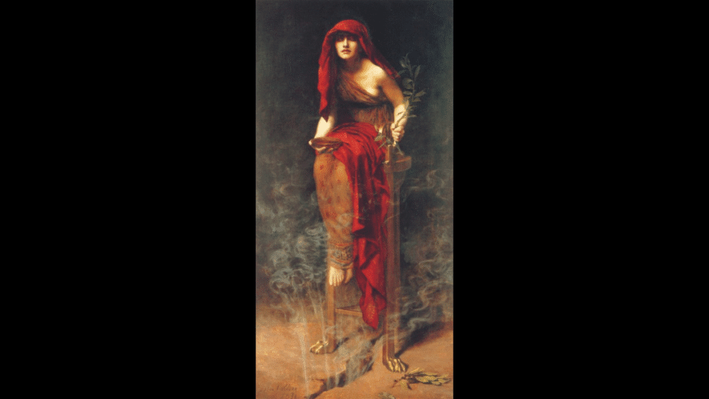 Orakel Griechenland - Die Pythia, die Priesterin des Orakels von Delphi, inhaliert Dämpfe, um Weissagungen für das antike Griechenland zu empfangen.
