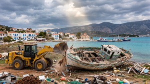 Griechische Holzboote - Ein Bagger zerstört ein griechisches Holzboot in einer Werft
